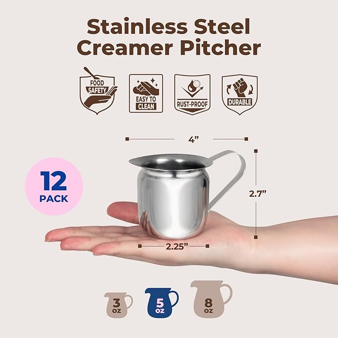 Fit Meal Prep [12 Pack] 5 oz Creamer Pitcher - Stainless Steel Bell Creamers, Mini Cup Container for Serving Milk, Coffee Cream, Salad Dressing, Maple Syrup, Espresso Machine for Restaurant, Cafes