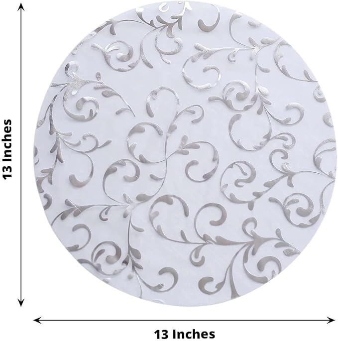 50 Pack 13" Silver Sheer Organza Placemats - Round Embossed Foil Flower Design Disposable and Elegant