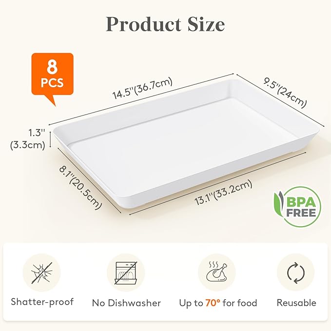 Lifewit 8 Pcs Plastic Serving Platter for Party Supplies, 15" x 10" White Platters for Serving Food, Reusable Large Tray for Buffet, Fruit, Dessert, Veggie, Holiday Christmas Essentials, Rectangle