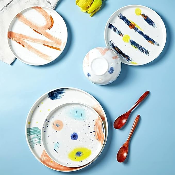 ☆Ceramic Dinnerware Set of 32, Plates Set, Dishes Set, Starlight Series Underglaze Porcelain Dinner Sets, Hand Painted Pattern White Plates Set for Family Party,White, size