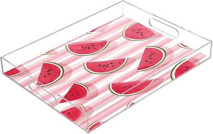 Serving Tray with Handles Clear Acrylic Tray 12x16 Inch Decorative Rectangular Tray Organizer for Ottoman Coffee Table Bathroom Pink and White Striped Juicy Watermelon Slices