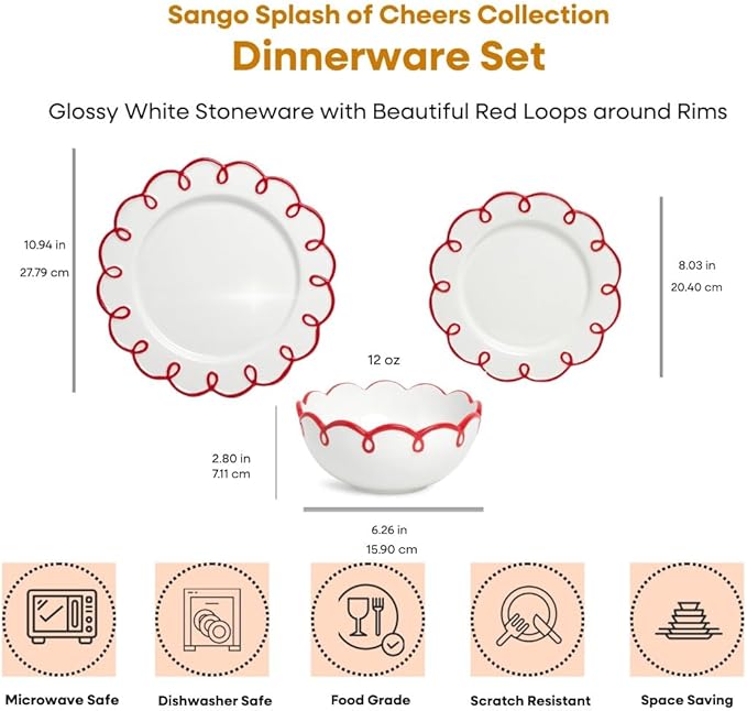 Sango 12-Piece Earthenware Dinnerware Set for 4, Glossy White Plates and Bowls Sets with Red Scalloped Rims, Premium Dish Set, Holiday Dishes for Gifting & Hosting Christmas Party, Splash of Cheers