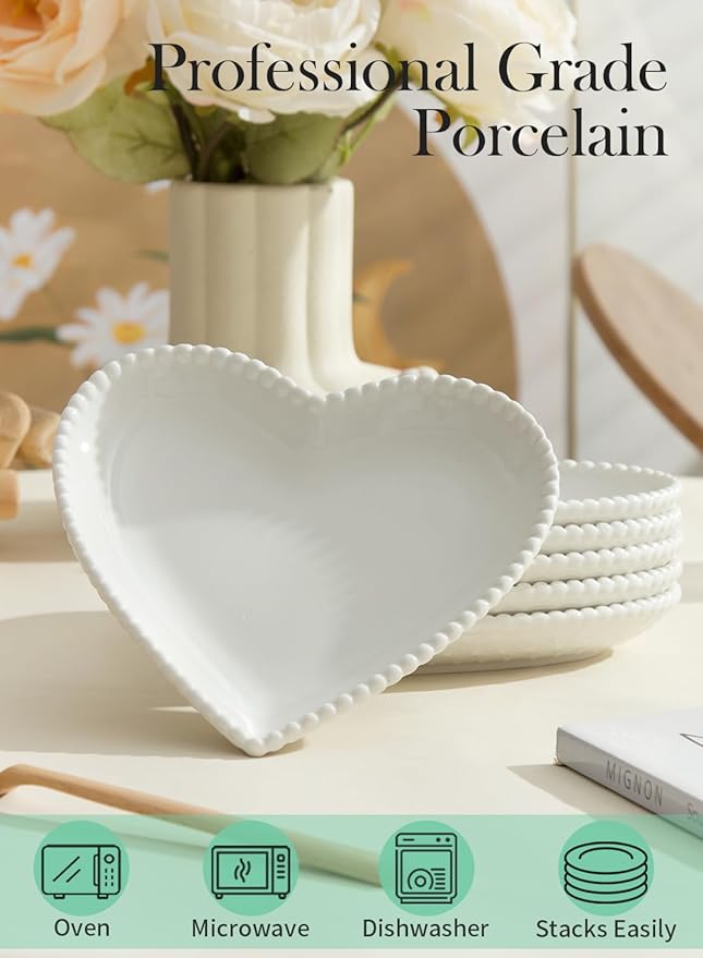 OMAYKEY 7.5 Inch Ceramic Dessert Plates Set of 10, Porcelain Salad Plates, Heart Shaped Appetizer Plates, Small Dinner Plates for Cake, Snack, Ice Cream, Microwave, Oven, Dishwasher Safe, White