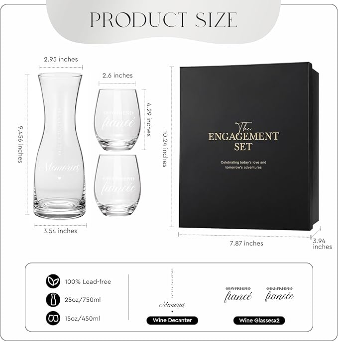AW BRIDAL Engagement Gifts for Couples 2025 Wine Glasses Set, Fiance Gifts for Women and Newly Wed, Wedding Gift for Bride and Groom, Wine Decanter Set for Engagement Party and Proposal Decorations