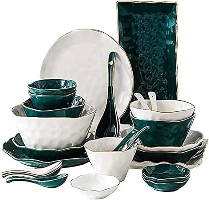 Dinnerware Set Dinner Party Tableware Service Set Nordic Minimalist Style Plate and Bowl Sets, Green and White Mixed Ceramic Dishware Sets, Irregular Underglaze Kitchen Plate Set