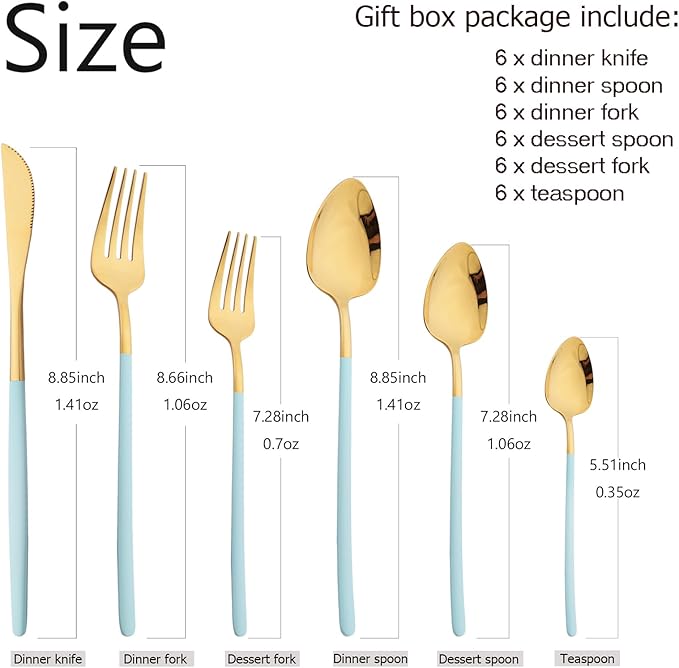 36pcs Silverware Set, 18/10 Stainless Steel Serving Flatware With Curved Handle For 6, Durable Eating Utensils For Home Entertaining, Mirror Polished (Mint Green Gold)