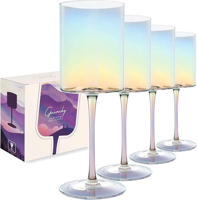 Iridescent Wine Glasses Set of 4-16oz Cylindrical All Purpose Wine Glass, Crystal Wine Glass Set in Gift Packaging, Great Gift for Wedding, Anniversary, Christmas, 9’’ Tall, Long Stem