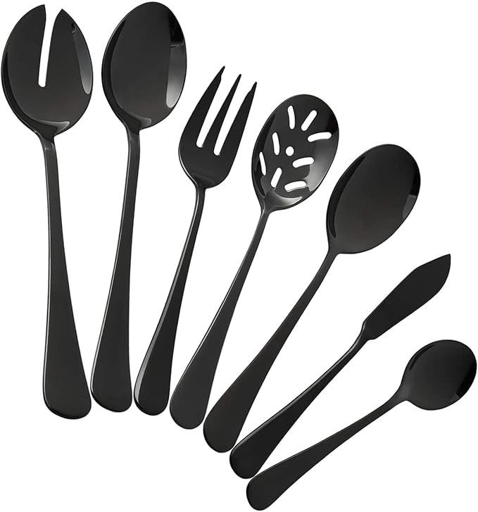 Black Serving utensils set. Stainless Steel Hostess Flatware Sets 7-Piece Includes Silverware Large Salad Spoons,Forks,knifes.Dishwasher Safe.