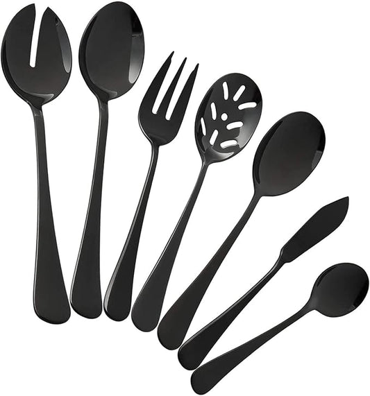 Black Serving utensils set. Stainless Steel Hostess Flatware Sets 7-Piece Includes Silverware Large Salad Spoons,Forks,knifes.Dishwasher Safe.