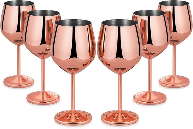Lifecapido Stainless Steel Stem Wine Glasses Set of 6, 18oz Copper Wine Glasses, Stainless Steel Wine Goblets with Cup Brush for Party Office Wedding Anniversary, Great for Red White Wine(Rose Gold)