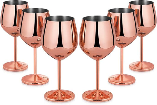 Lifecapido Stainless Steel Stem Wine Glasses Set of 6, 18oz Copper Wine Glasses, Stainless Steel Wine Goblets with Cup Brush for Party Office Wedding Anniversary, Great for Red White Wine(Rose Gold)