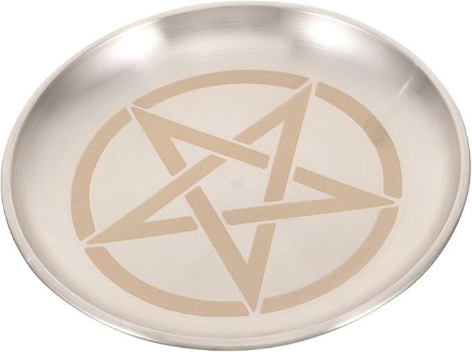 Pentagram Altar Ritual Plate Dish Flat Bowl Burning Candle Holder Offering Fruit Tray Metal Jewelry Tray Food Snack Dish Decorative Platter for Smudging Silver