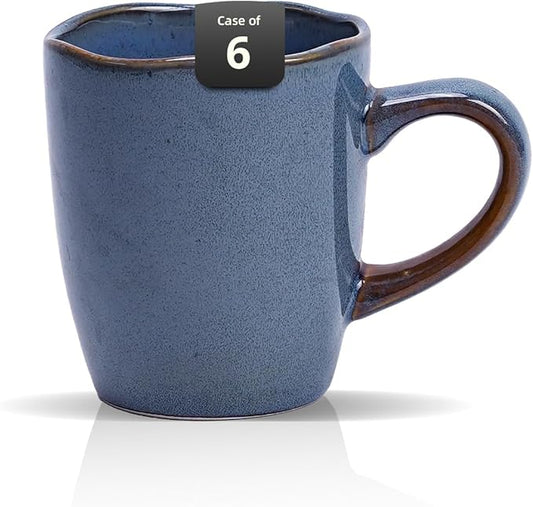 Organic Shape Highland Ceramic Mug, 6pcs 12oz Handmade Reactive Glaze Stoneware Coffee Mug with Wavy Edge, for Kitchen, Microwave & Dishwasher Safe, Scratch Resistant-Blue