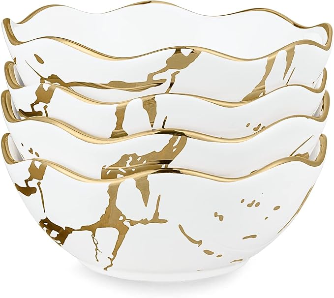 fanquare 10oz Gold Marble Soup Bowl, Porcelain Cereal Bowls Set for 4, Small Kitchen Serving Bowls, Dishwasher Safe, 5.5"