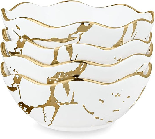fanquare 10oz Gold Marble Soup Bowl, Porcelain Cereal Bowls Set for 4, Small Kitchen Serving Bowls, Dishwasher Safe, 5.5"