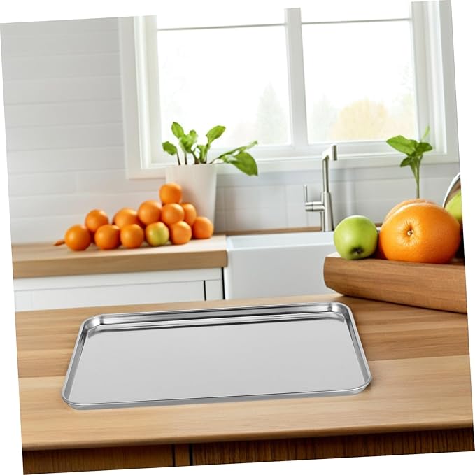 Stainless Steel Rectangular Serving Tray Silver Platter Flat-Bottom Fruit Tray Multipurpose Kitchenware for Home Cafes Hotels Easy Clean