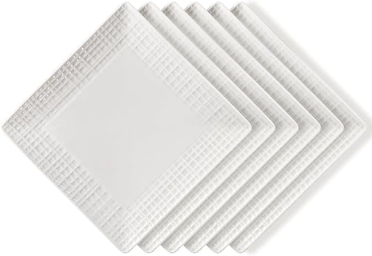 Square Dinner Plates, Set of 6, 6 Inch White Ceramic, Embossed Crisscross, Safe for Dishwasher, Microwave and Oven