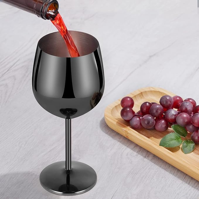 Lifecapido Stainless Steel Wine Glasses Set of 6, 18oz Stainless Steel Metal Wine Glasses, Black Wine Glasses with Cup Brush for Party Office Wedding Anniversary, Great for Red White Wine, Black