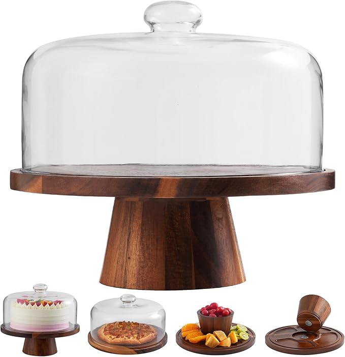 Acacia Wood Cake Stand with Glass Lid – 12" Magnetic Base, Detachable Serving Tray for Cake, Cheese, Charcuterie, Snacks & Desserts – Wooden Cake Holder for Parties & Kitchen Display