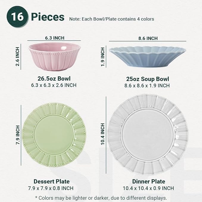 HOMBENE Dinnerware set, 16 Piece plates and bowls sets for 4, Ceramic Mordern dish set for party, Porcelain dish set, House gift, Microwavable safe, Mixed Colors