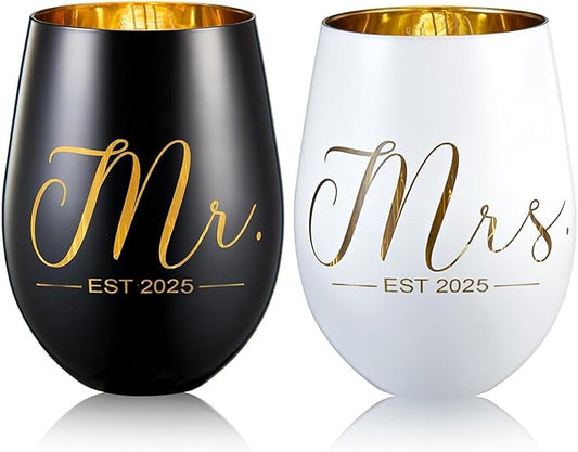 Mr and Mrs EST 2025 Wine Glasses Gifts- Cool Engagement Gifts, Wedding Gifts for Couples, Bride and Groom, His and Hers- Bridal Shower Gifts for Bride To Be