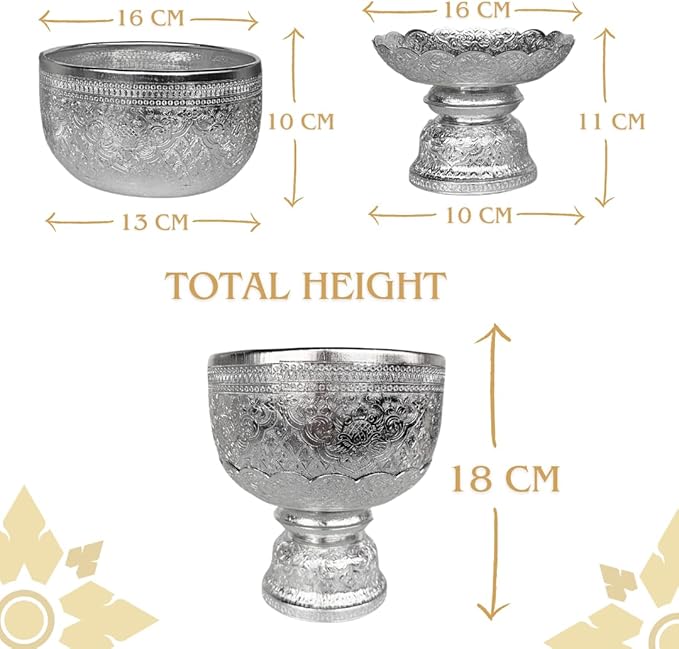 Thai Buddhism Bowl & Tray with Embossed Patterns, Silver Aluminum, Vintage Collection (16 CM)