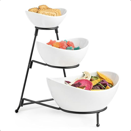 3 Tier Serving Bowls with Stand, Serving Dishes Chips and Dip Serving Set for Entertaining Party, Ceramic Serving Bowl Food Display for Fruit Salad Soup Snacks, Microwave & Dishwasher Safe