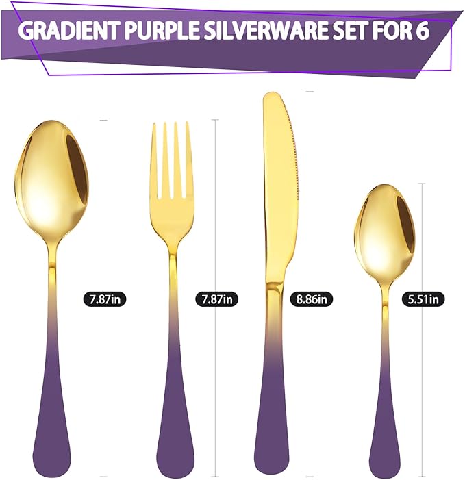24 Pieces Flatware Set, Stainless Steel Cutlery Set with Silverware Holder, Modern Gold Silverware Set Includes Dinner Knives Forks Spoons,Hanging Silverware Set Service for 6 (Purple)