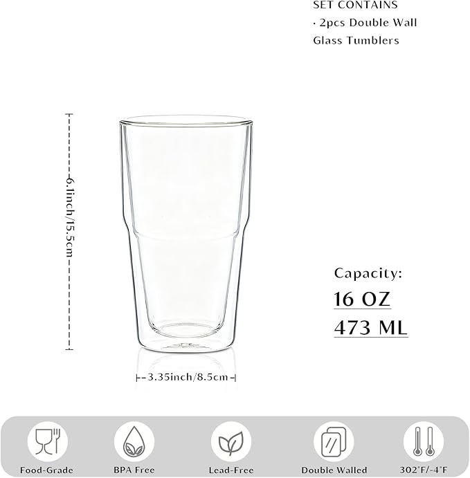 INSETLAN 16oz Double Wall Glass Cups Set of 2 – Borosilicate Glass Tumblers, Clear Insulated Glass Coffee Cups for Cappuccino, Latte, Espresso and Tea, Hot & Cold Resistant