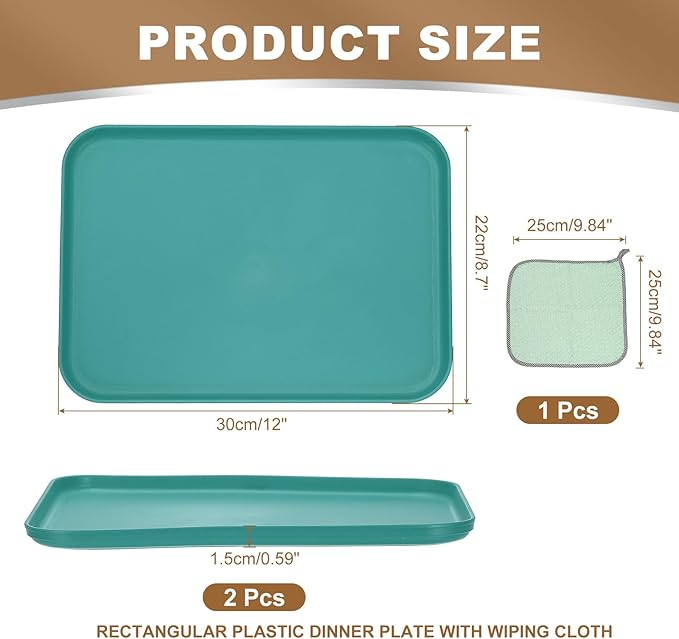 PATIKIL 12x8.7 Plastic Tray, 2 Pack Rectangular Plates Small Food Tray Wheat Plates Dishes Reusable Dessert Plate Trays with Cloth for Cake Fruits Salad Cupcake Steak Serving Dark Green