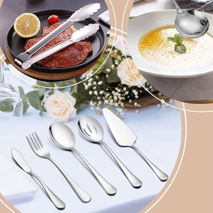 12Pcs Silver Serving Utensils Stainless Steel Serving Spoon,Slotted Spoons Serving Forks,Serving Tongs Cake Server Dessert Spoon Serving Flatware Set Great for Parties Buffet Party