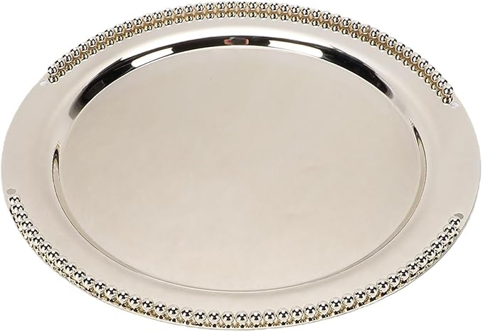 12.4 Inch Round Metal Serving Tray with Handles, Silver Iron Fruit Platter for Camping BBQ Picnic, Stackable Party Tray for Grilled Meats Pizza Salads