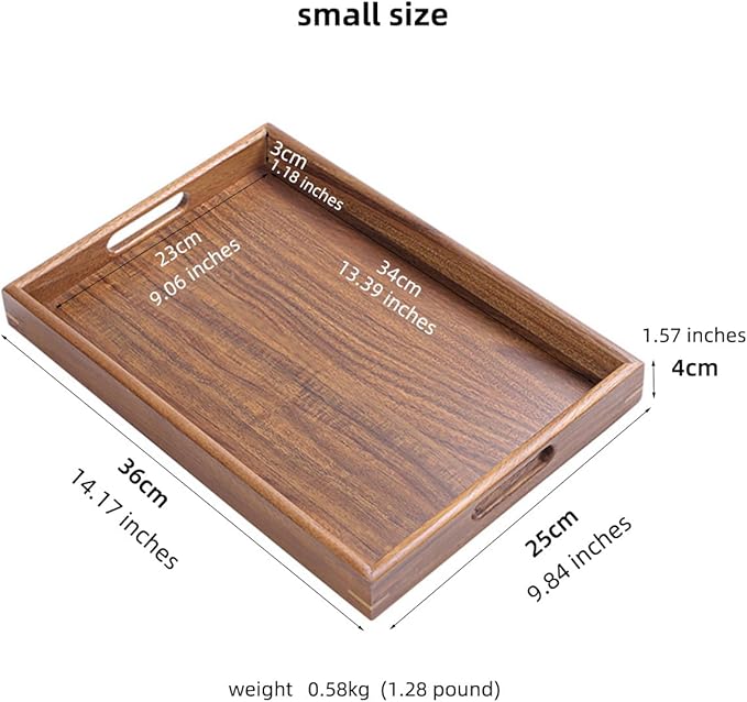 Wood Serving Tray with Handles Home Decorative Serving Trays Platter for Breakfast in Bed, Solid Wooden Serveware for Lunch, Dinner, Coffee Table, Used in Kitchen,Party and Outdoors.