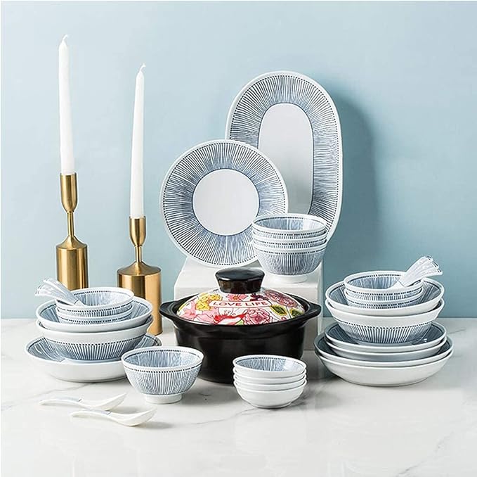 Plate and Bowl Set Fine Dinnerware Set,White Porcelain Dinnerware Set with Blue Line Stripes, Ceramic Plates and Bowls Sets