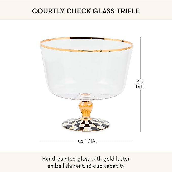 MACKENZIE-CHILDS Glass Trifle Bowl, Decorative Serving Bowl, 18-Cup Capacity, Black-and-White Courtly Check