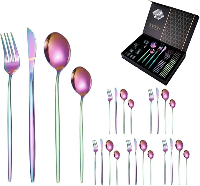 Slim Handle Flatware Serving Set for 6, 24 PCS Matte Cutlery Set with Knife Fork Spoon, Dishwasher Safe/Mirror Polished for Home, Kitchen, Restaurant(Rainbow Color,B)