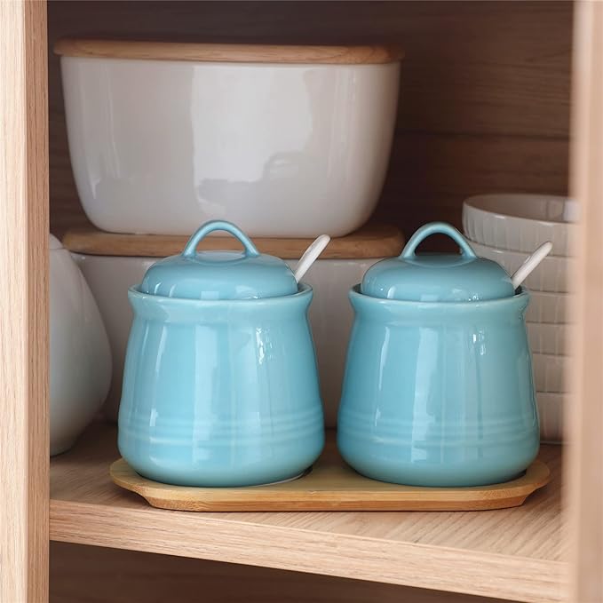 HAOTOP Ceramic Sugar Bowl 2 Pack, PorcelainJar with Tray, Spoon and Lid for Sugar, Pepper, Coffee, Spice, Salt, 12 Ounces (Blue)