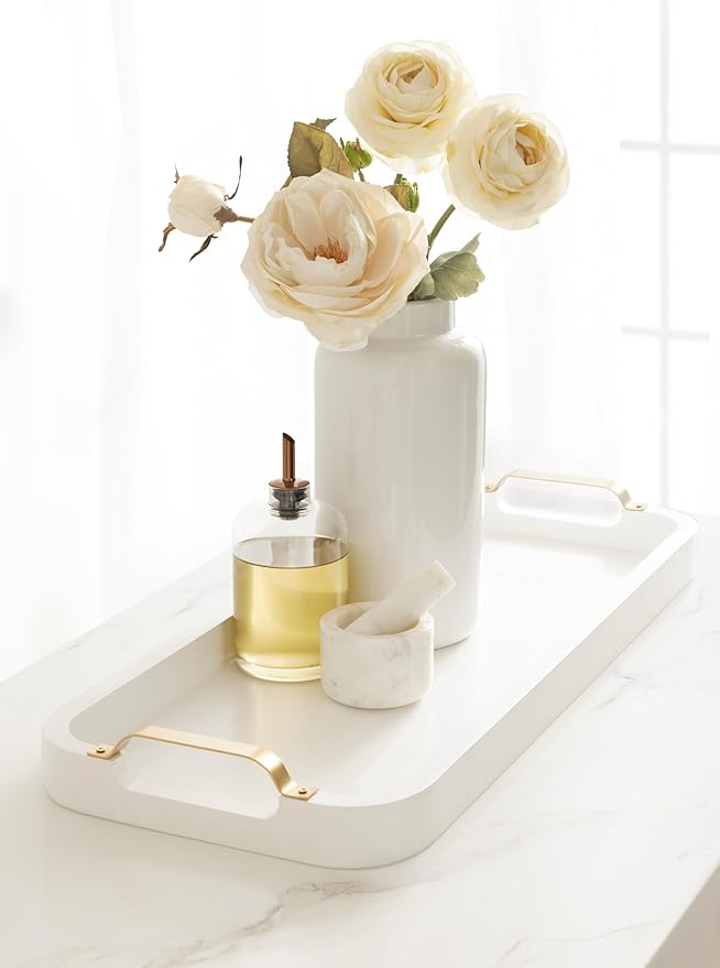 Kate and Laurel Farson Modern Decorative Wood Rectangle Tray with Handles, 10 x 24, White and Gold, Transitional Rectangular Tray for Use as Entryway Tray Decor or Ottoman Serving Tray