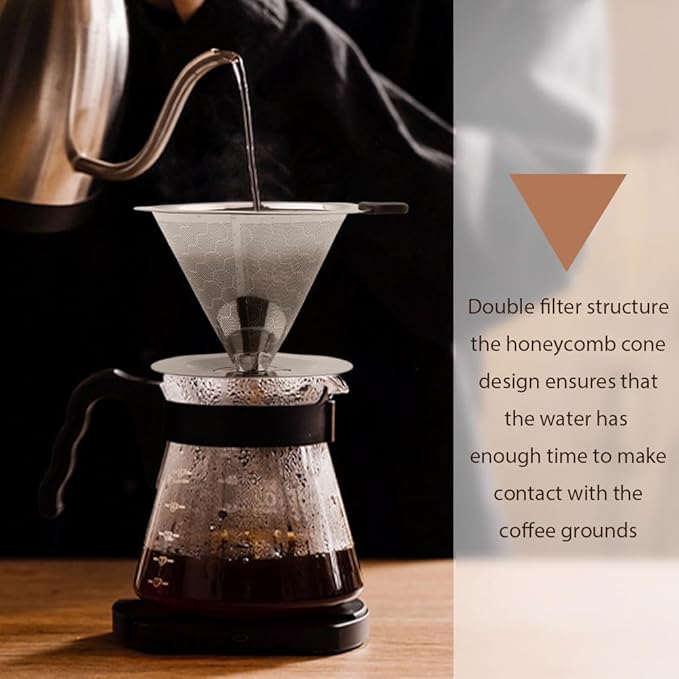 Pour Over Coffee Dripper, Paperless Coffee Filter, Pour Over Drip Coffee Filter, Stainless Steel Reusable Filter Easy Clean Maker Pour Over Coffee Dripper Double Mesh With Brush