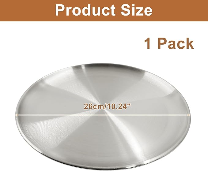 Piutouyar 26 cm / 10.24 Inch Round Serving Tray, Stainless Steel Circular Metal Platter, Decorative Tray Silver Dinner Dishes for Kitchen, Bathroom, Home