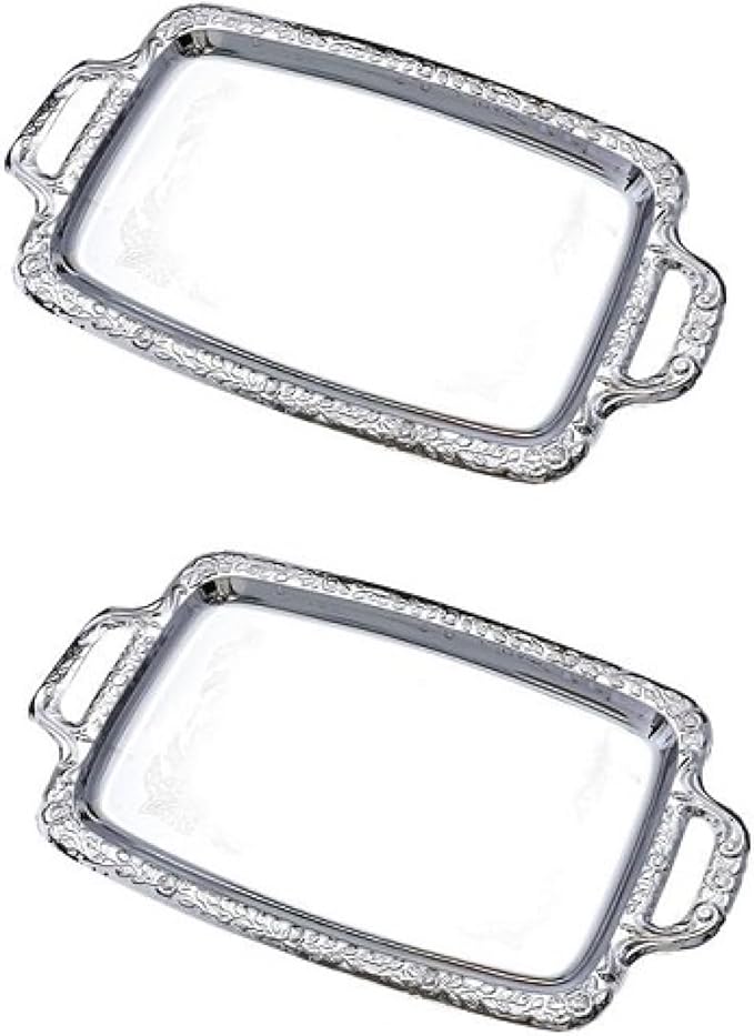 2PCS Silver Serving Tray with Handles, 15 x 9 Inch Stainless Steel Rectangle Platter, Silver Tray for Food Serving, for Party Food Breakfast Tea Farmhouse Home Decor