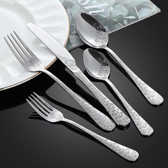 50-piece flowers TWEE Silverware Set for 10, Palace Style Stainless Steel Flatware Cutlery Serving Utensils, Eating Tableware for Home Kitchen Hotel Restaurant, Mirror Polished