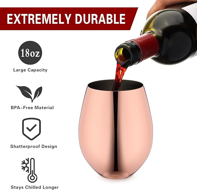 WOTOR Rose Gold Wine Glasses Set of 4, 18oz Copper Wine Glasses, Stemless Stainless Steel Wine Glasses, Unbreakable Metal Wine Glass for Outdoor, Travel, Camping, Ideal Wine Accessories Gift