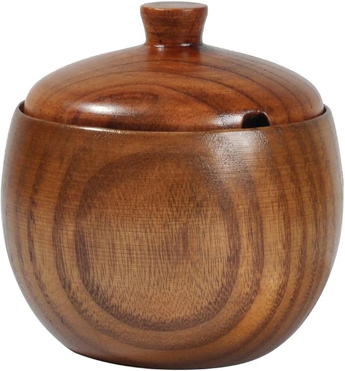 Zerodeko Solid Wood Seasoning Jar with Spoon Wooden Spice Jar with Lid Kitchen Condiment Holder for Table Ceramic Food Container for Salt Truffle and Spices