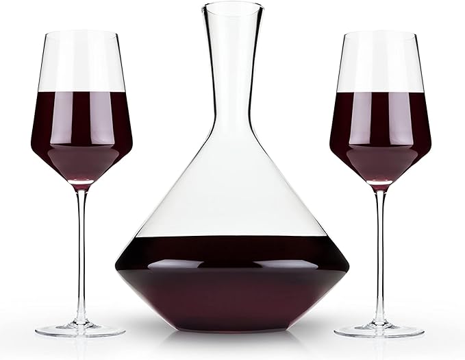 Viski Raye Angled Bordeaux Wine Glasses and Decanter Gift Set, Elegant and Modern Crystal Glassware, Home Bar, Dinner Party, Wedding Gifts, Hosting Essentials, 16 oz & 30 oz, Set of 3