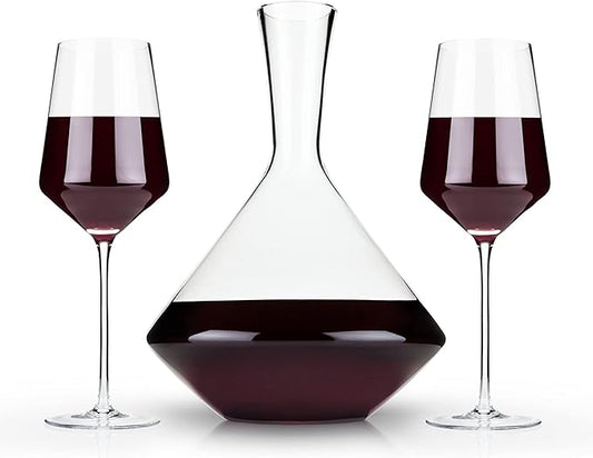 Viski Raye Angled Bordeaux Wine Glasses and Decanter Gift Set, Elegant and Modern Crystal Glassware, Home Bar, Dinner Party, Wedding Gifts, Hosting Essentials, 16 oz & 30 oz, Set of 3