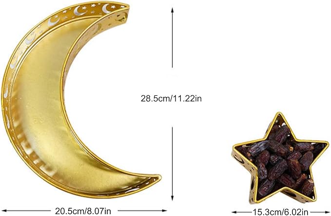 Eid Mubarak Moon Star Tray, Ramadan Decoration Ramadan Trays, Muslim Wooden Plate Tray Moon Star Shaped Food Fruit Serving Tray, Eid Mubarak Dessert Tray for Ramadan Festival Party(Golden A1)