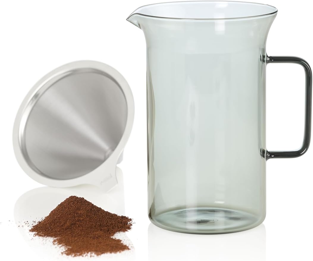 AdHoc Pour Over Coffee Maker - Manual Brewer for Ground Coffee - Reusable Stainless Steel Filter - Heat-Resistant Glass Coffee Dripper - Dishwasher Safe