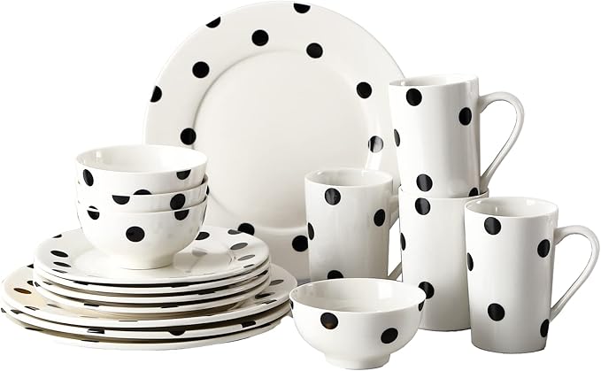 Modern Porcelain 16-Piece Dinnerware Set, Plates and Bowls Set for 4, Black Polka Dot Dinnerware,Dishwasher & Microwave Safe Ceramic Dish Set for Home Dining, Gifts