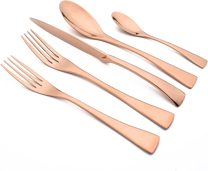 Copper Tableware 20Pcs Mirror Polished 18/10 Stainless Steel Luxury Flatware - Heavy Cutlery Set Service For 4 Include Knives/Forks/Spoons/Salad Fork/Teaspoon, Dishwasher Safe